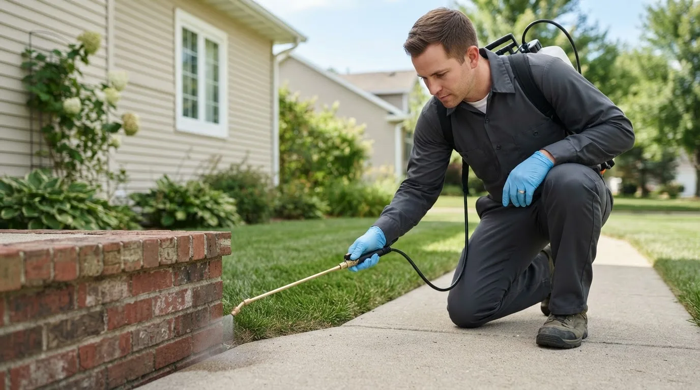 Pest control technician treating a home near Shidler, OK