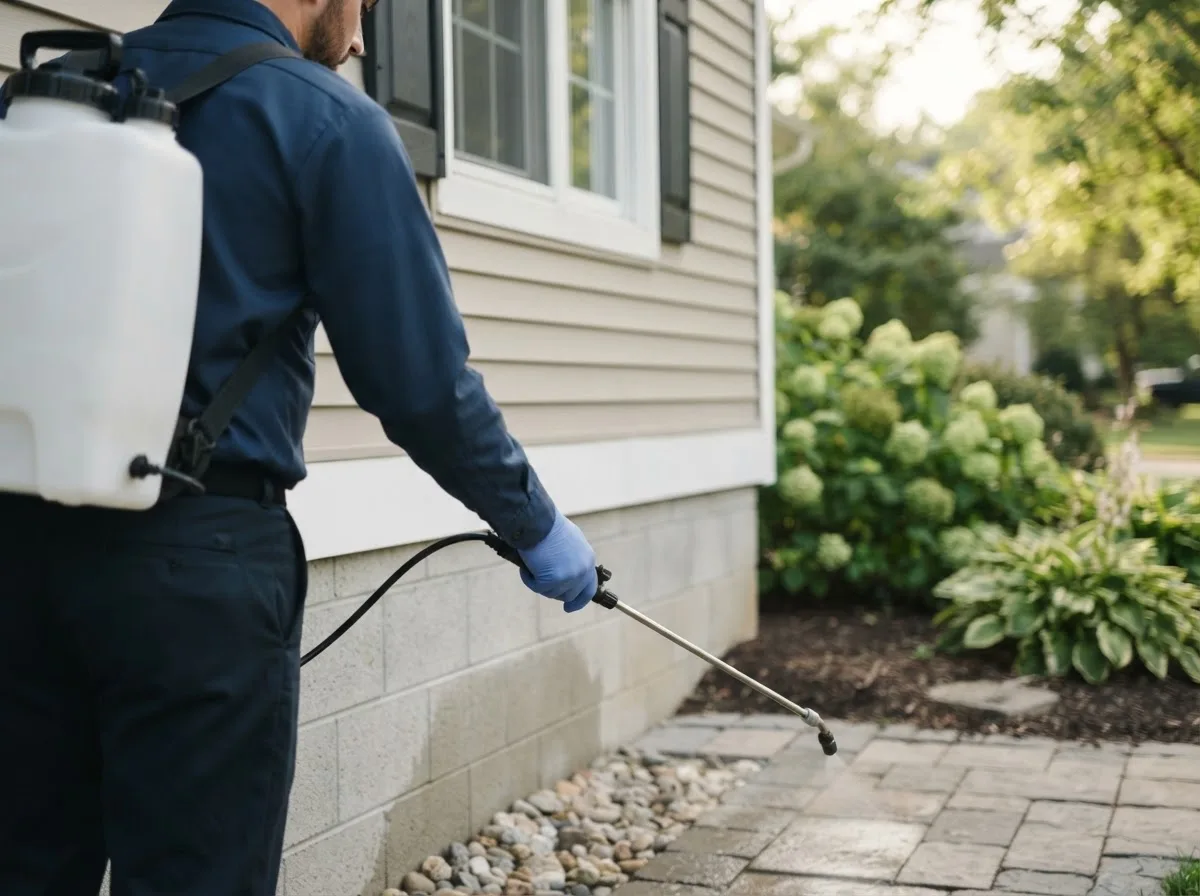 Pest control technician inspecting a home in Shidler, OK